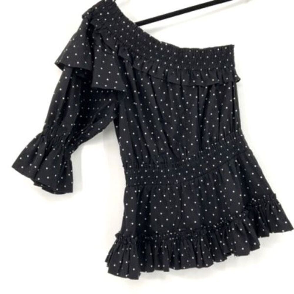 MISA Black Polka Dot 3/4 Sleeve Ruffle One-Shoulder Top Size XS